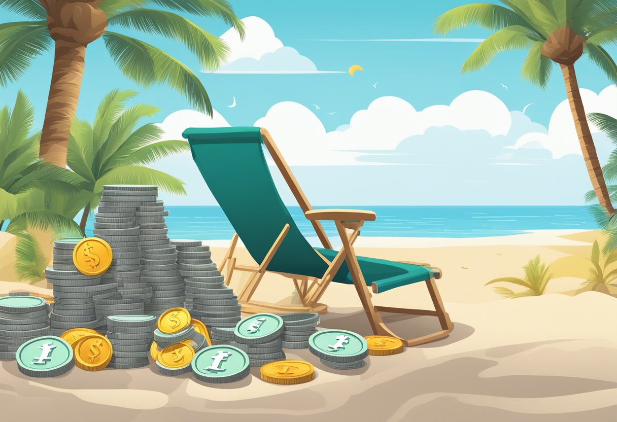 A stack of bills and coins totaling $3000, surrounded by symbols of retirement such as a beach chair, palm trees, and a retirement community sign