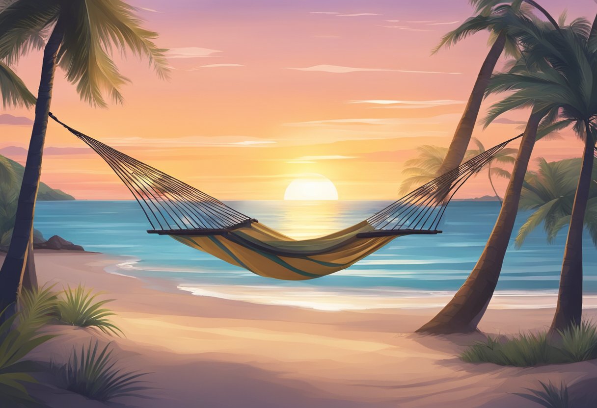 A serene beach with a hammock strung between two palm trees, overlooking a calm ocean with a sunset in the distance