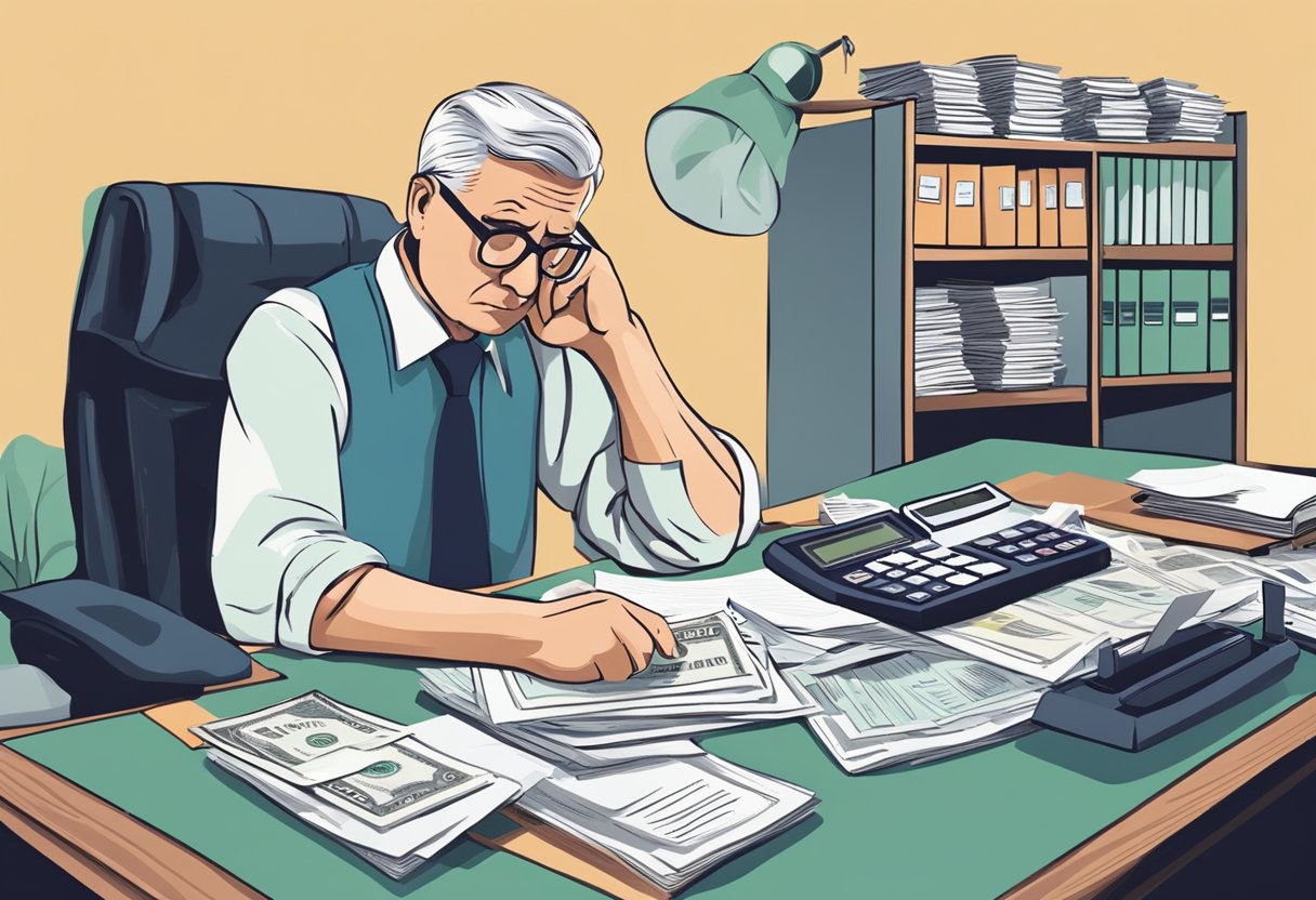 A person sitting at a desk, surrounded by financial documents and a calculator, with a worried expression on their face as they contemplate their retirement savings