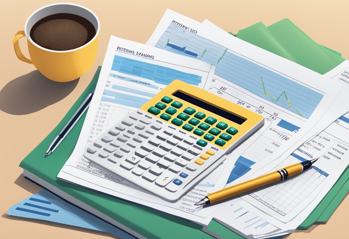 A stack of financial documents on a desk, with a calculator and pen. A retirement savings chart showing a timeline with a question mark at age 30