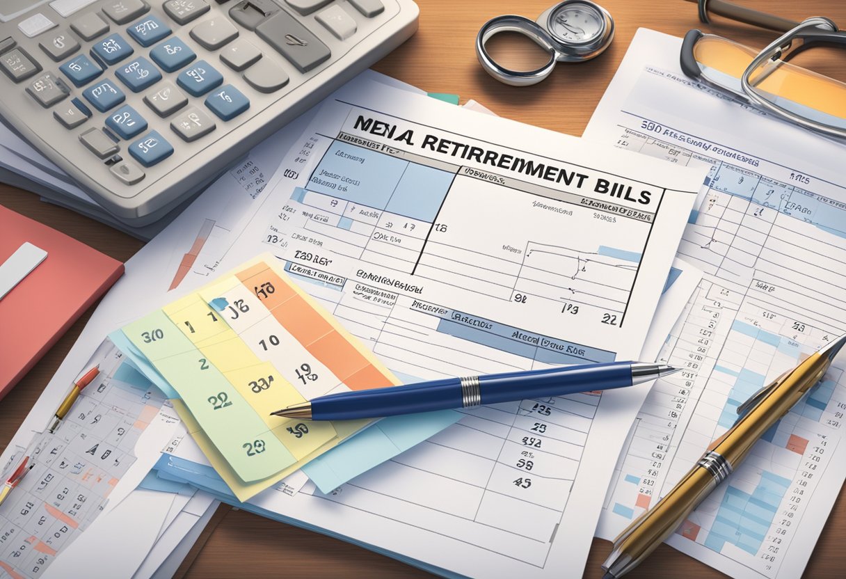 A stack of medical bills and retirement savings charts sit on a cluttered desk, with a calendar showing the date "30" circled in red