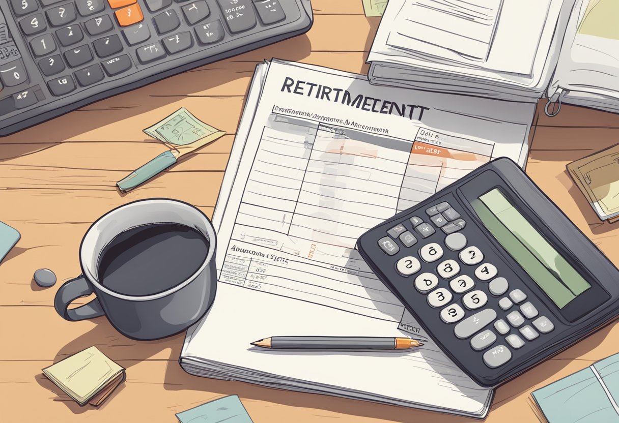 A desk with a calculator, financial documents, and retirement savings plan book. A calendar showing the age of 30 circled in red. A sense of urgency and determination in the atmosphere
