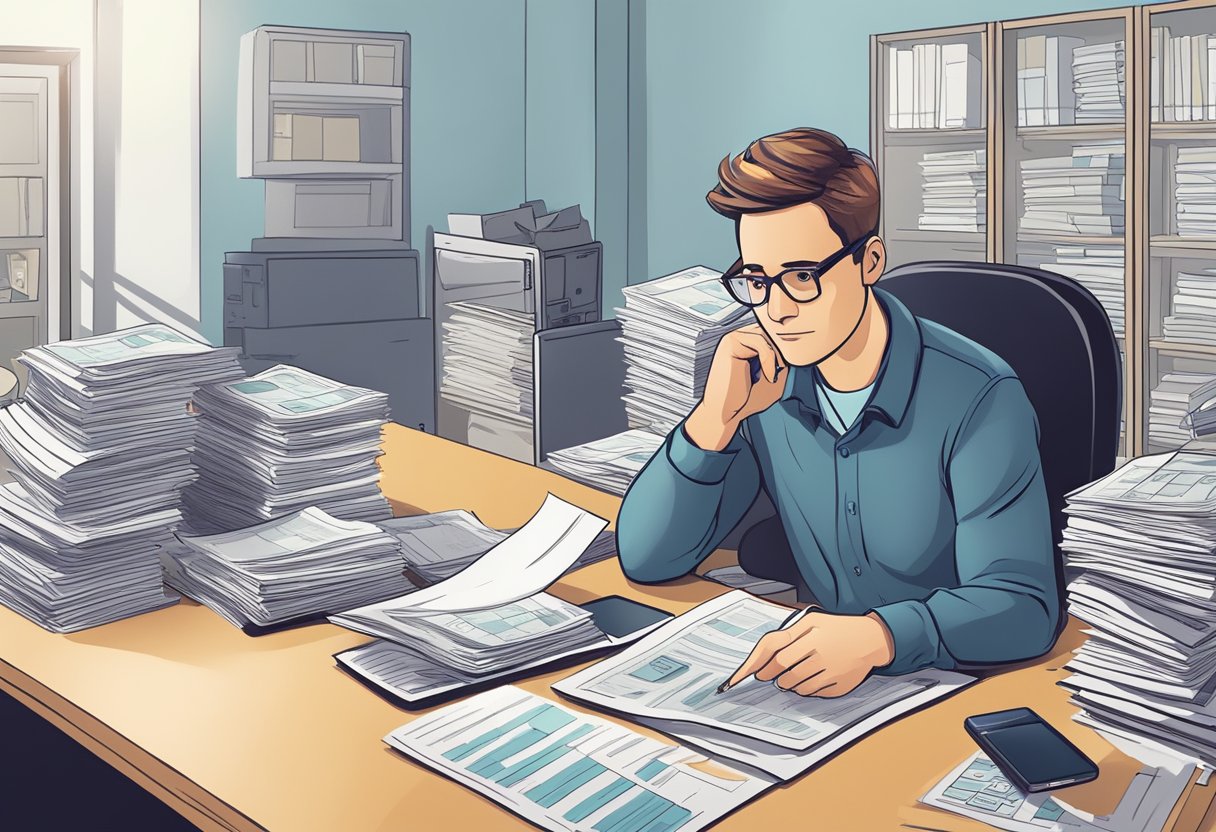 A person in their 30s sits at a desk, surrounded by financial documents and a calculator. They look determined, ready to start saving for retirement despite setbacks