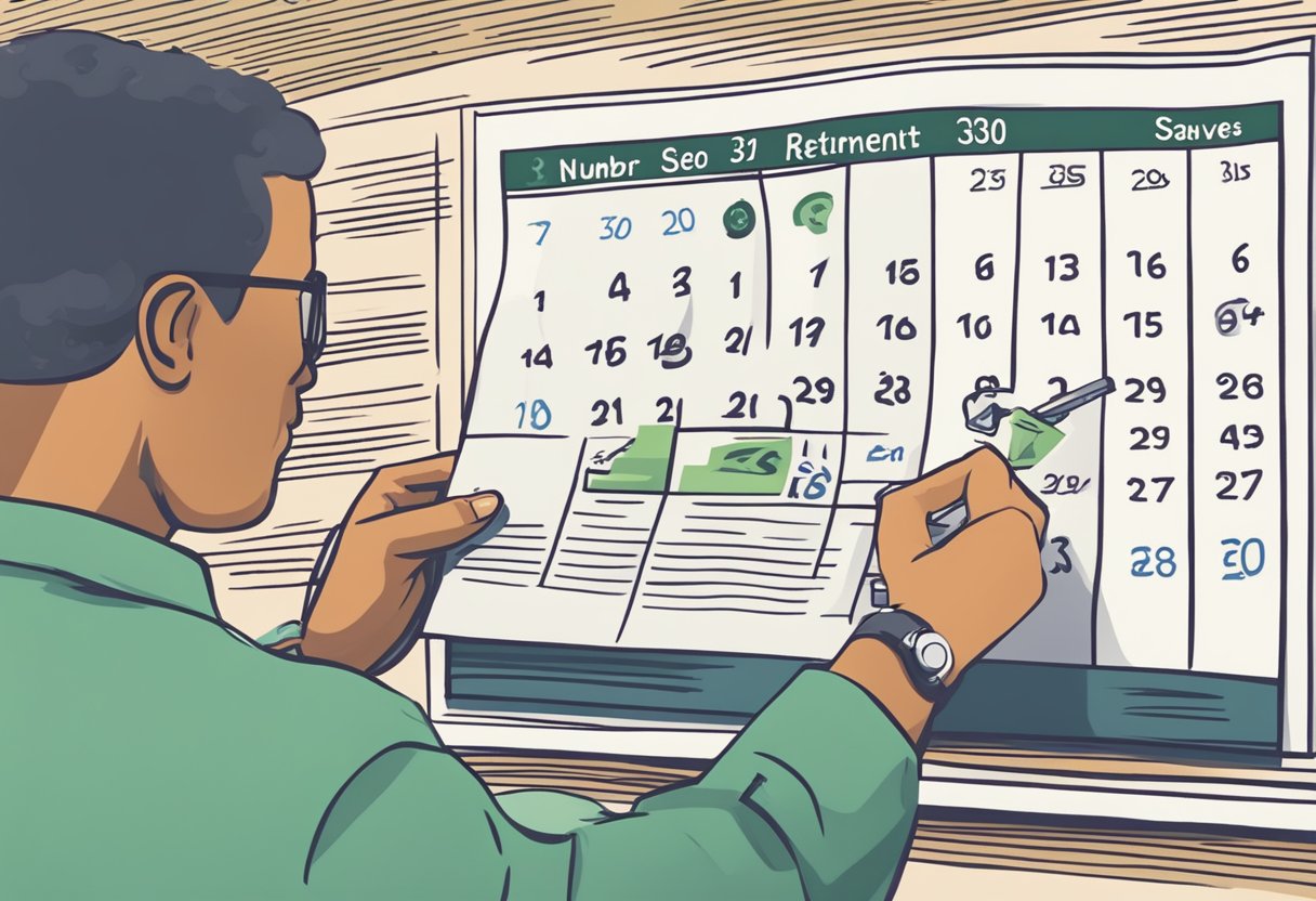 A person depositing money into a retirement savings account while looking at a calendar with the number 30 circled, representing the age at which they are wondering if it's too late to start saving for retirement