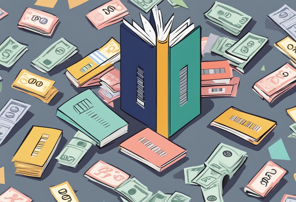 A stack of retirement savings books with a large "30" circled in red, surrounded by question marks and dollar signs