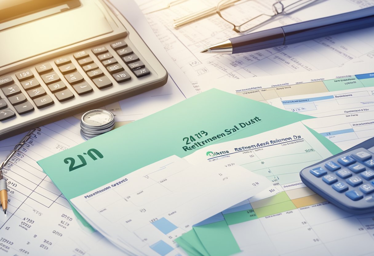A stack of bills and financial documents, a retirement savings account statement, and a calendar with the retirement date circled