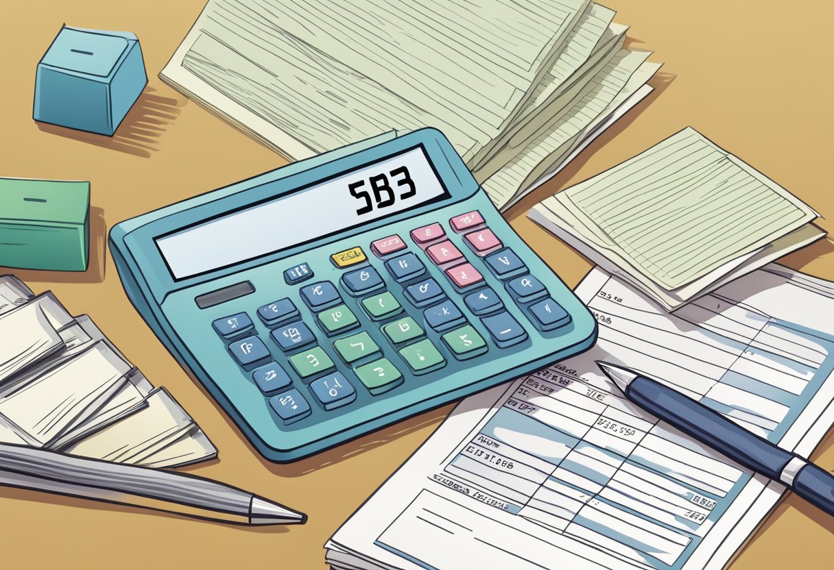 A stack of bills and debt statements, a retirement savings account, and a calculator with a list of expenses