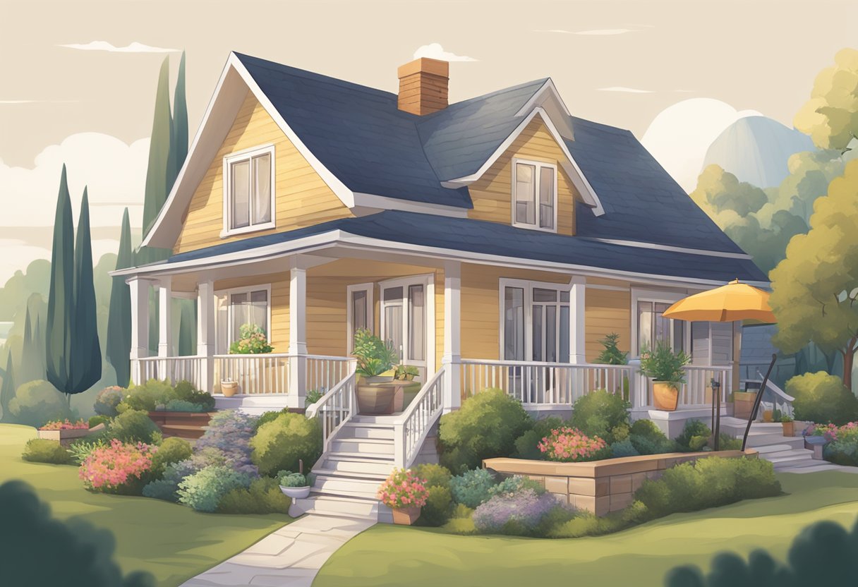 A cozy home with a "Paid Off" sign, surrounded by a peaceful neighborhood. A retirement fund statement and mortgage documents on a desk