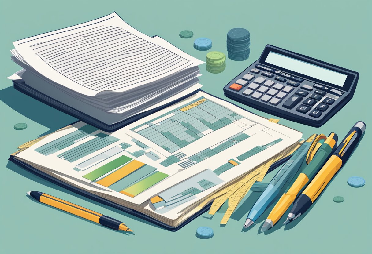 A stack of bills and financial statements on a desk, with a calculator and pen, symbolizing the need to pay off debts and plan for retirement