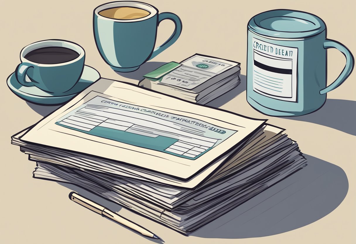 A stack of bills and retirement savings plan on a desk. Bills labeled "credit card debt" and "mortgage" are prioritized for payment