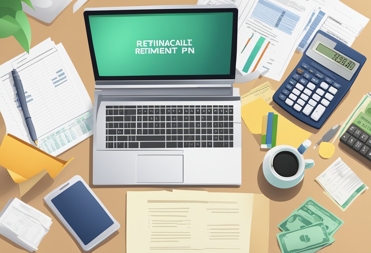 A table with financial documents spread out, a calculator, and a retirement savings plan on a computer screen