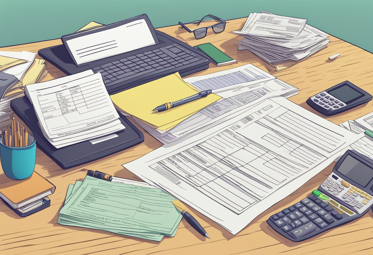 A stack of bills, mortgage papers, and retirement account statements on a cluttered desk, with a calculator and pen nearby