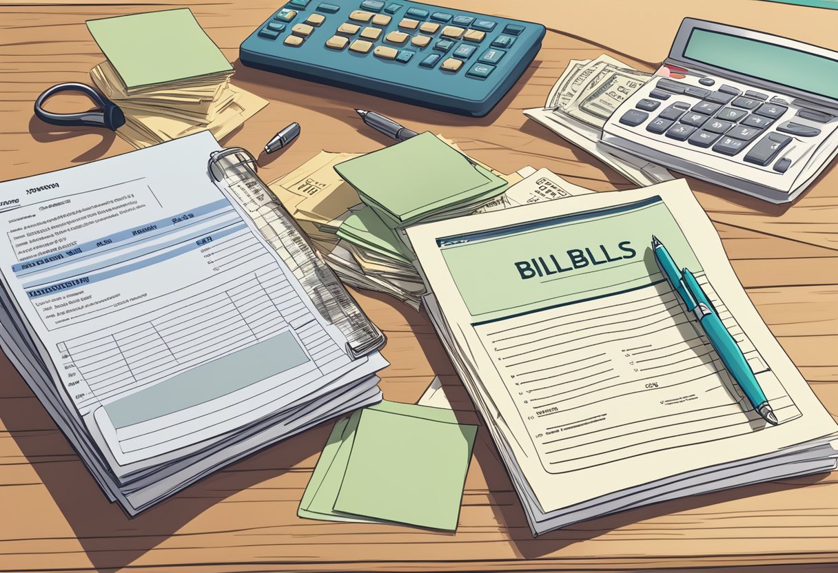 A stack of bills, mortgage papers, and retirement savings account statements laid out on a desk, with a calculator and pen nearby