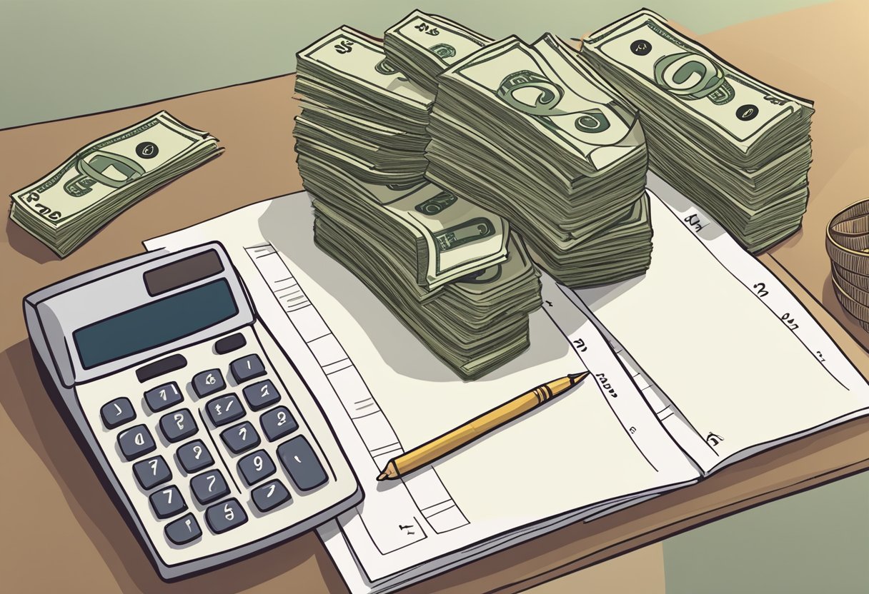 A pile of cash totaling 4 million sits on a table next to a retirement calculator and a calendar showing age 70