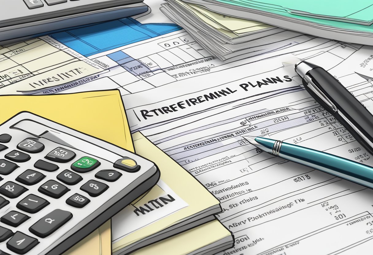 A stack of bills totaling 4 million sits on a table next to a retirement plan document. A calculator and pen are nearby, indicating financial planning