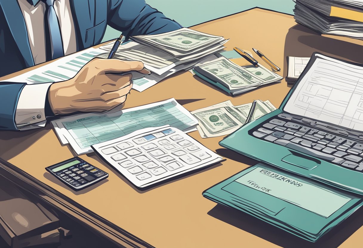 A financial advisor and retirement planner discussing retirement savings. A calculator and retirement planning documents on a desk. A worried individual wondering if 4 million is enough to retire at 70