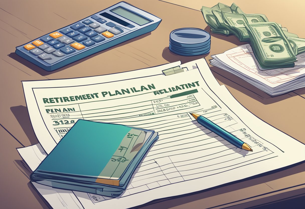 A stack of cash, a calculator, and a retirement plan document on a desk, with a graph showing inflation rates in the background