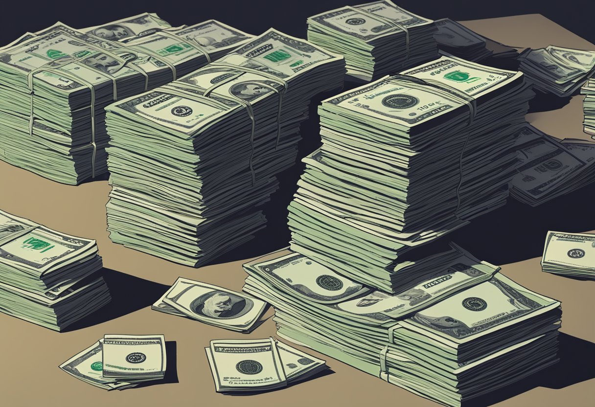 A stack of money totaling 4 million sits on a table, surrounded by financial documents and calculators. The scene depicts contingency planning for retirement at 70