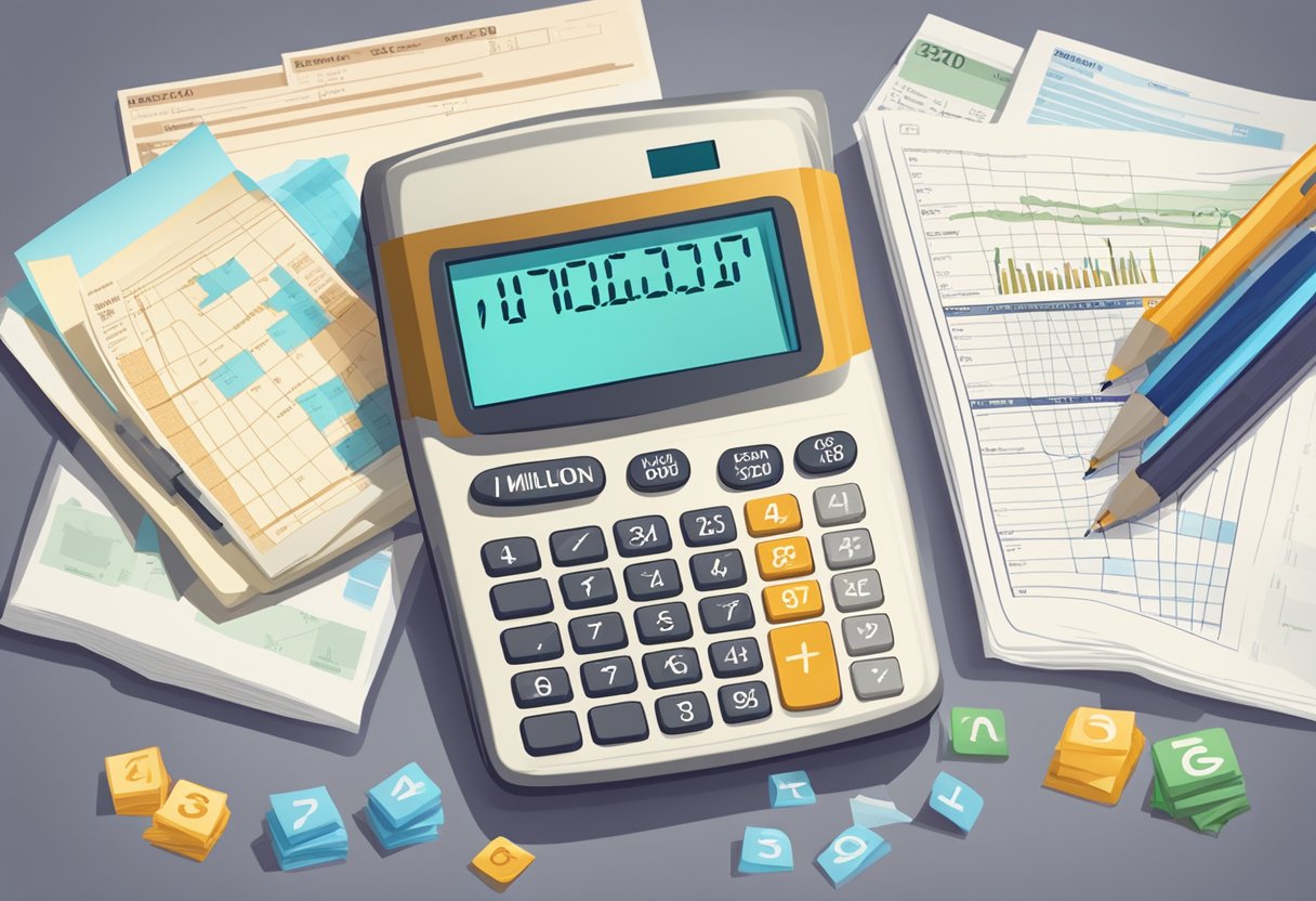 A calculator displaying "4 million" with retirement age at 70, surrounded by financial documents and a goal-setting chart