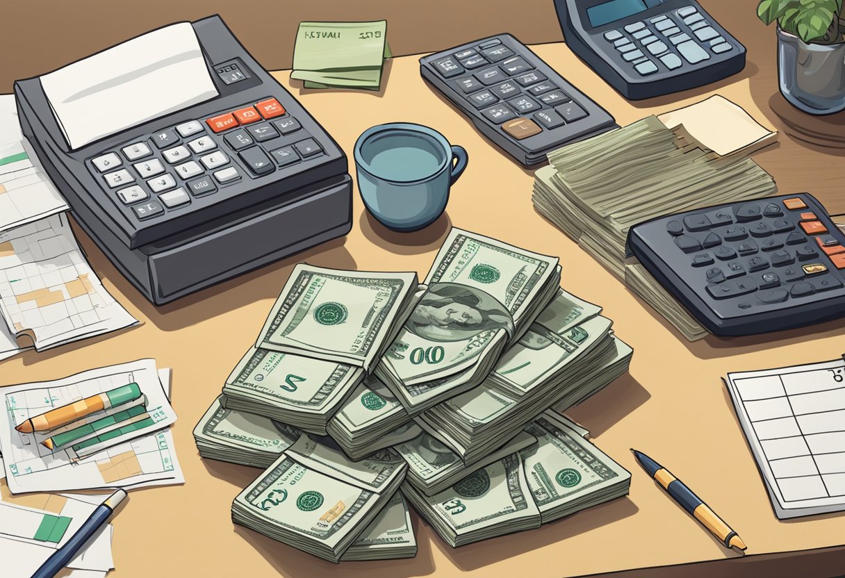 A stack of cash totaling 4 million sits on a table, with a retirement calculator and a calendar showing age 70
