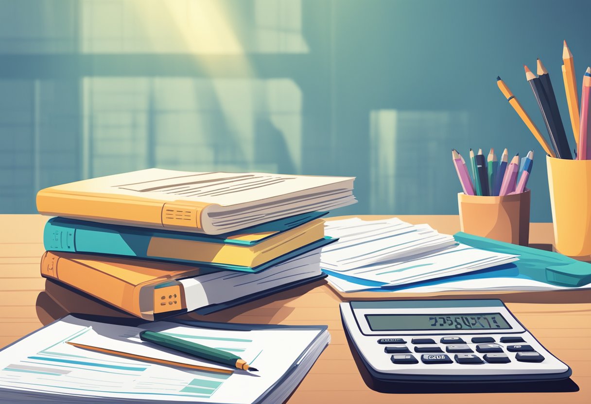 A stack of financial documents, including a 401k statement and investment portfolio, sits on a desk alongside a calculator and retirement planning books