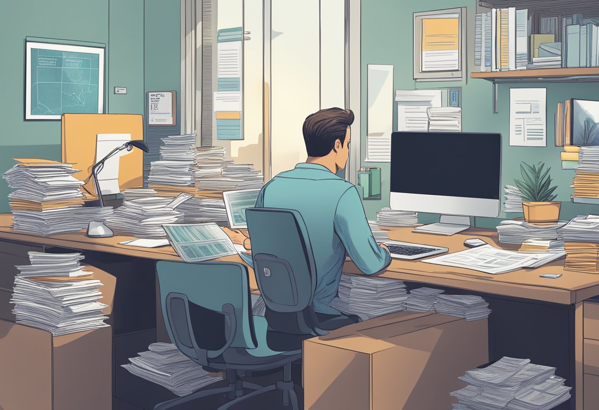 A person sitting at a desk, surrounded by financial documents and a computer, pondering retirement with a 401k balance of 800k