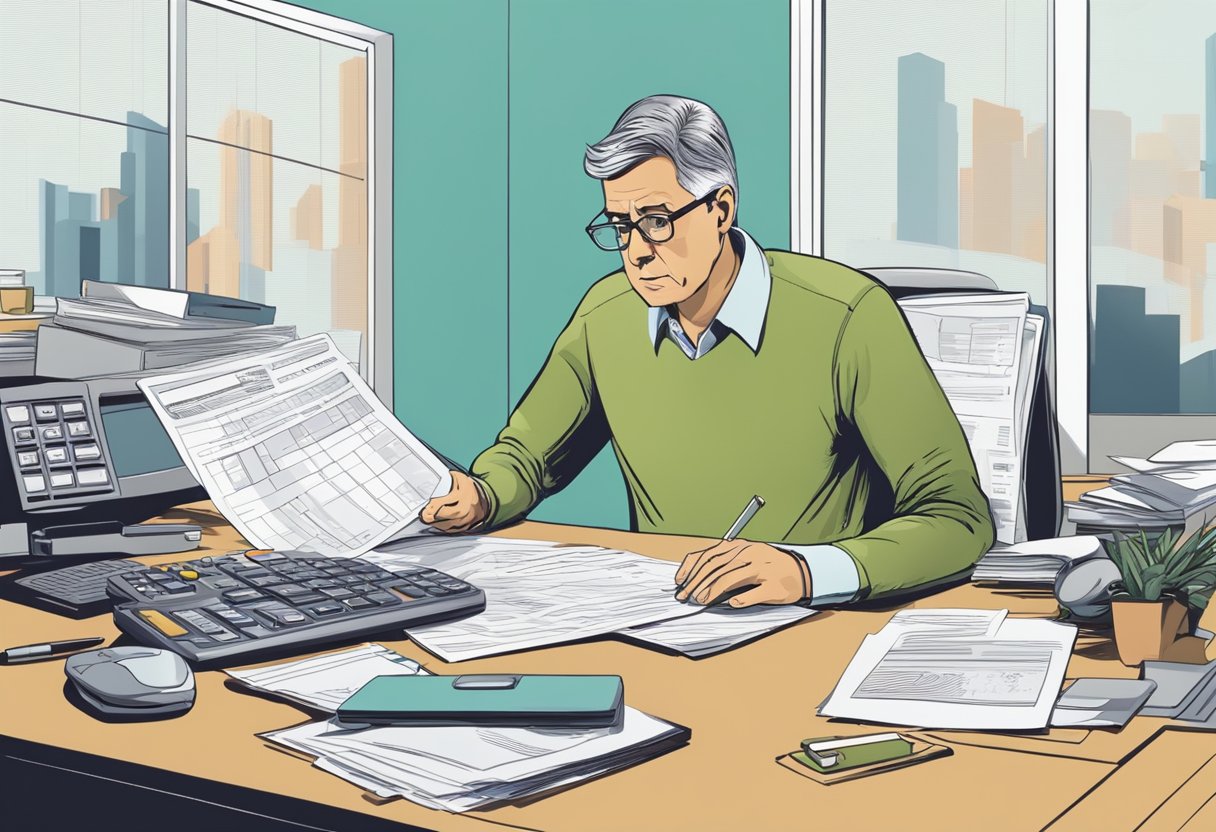 A person sitting at a desk, surrounded by paperwork and a computer, with a puzzled expression while looking at a calculator and retirement savings statements