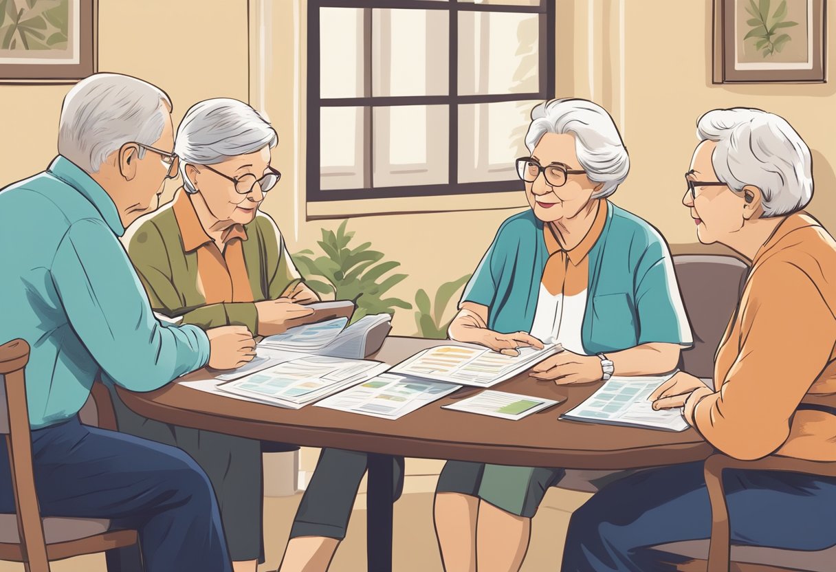 A group of elderly individuals discussing healthcare options in a retirement community, surrounded by informational pamphlets and charts