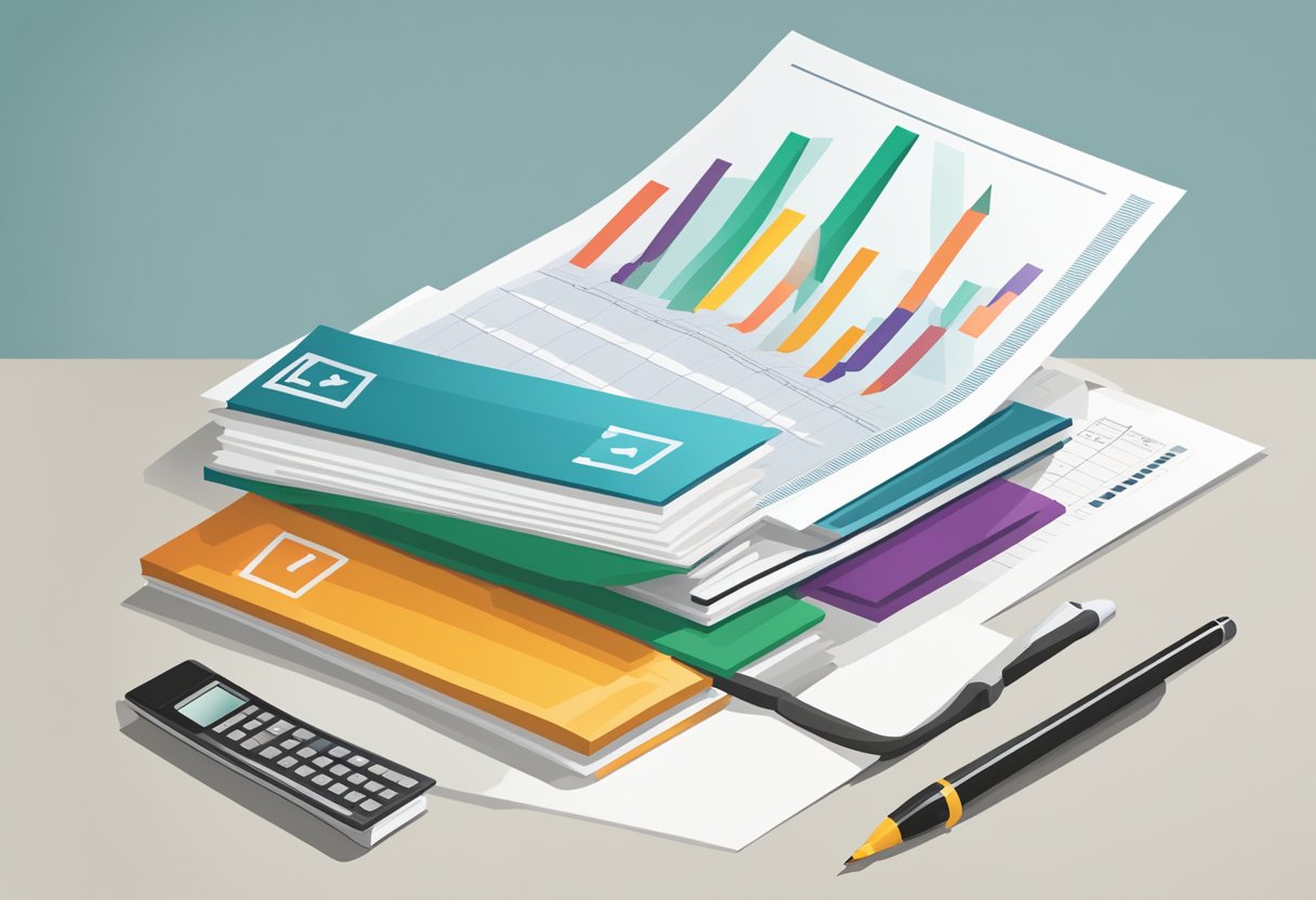 A stack of financial documents sits on a desk, with a graph showing fluctuating growth. A question mark hovers over the word "risk" in bold letters