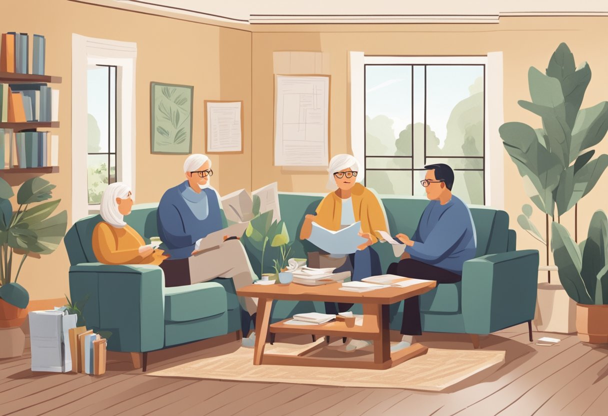 A cozy living room with a family sitting around a table, discussing estate planning. Papers and documents are spread out, and a worried expression on their faces indicates the biggest risk in retirement