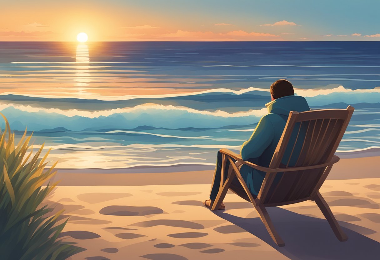 A serene beach at sunset, with a lone figure sitting in a comfortable chair, gazing out at the ocean with a sense of contentment and peace