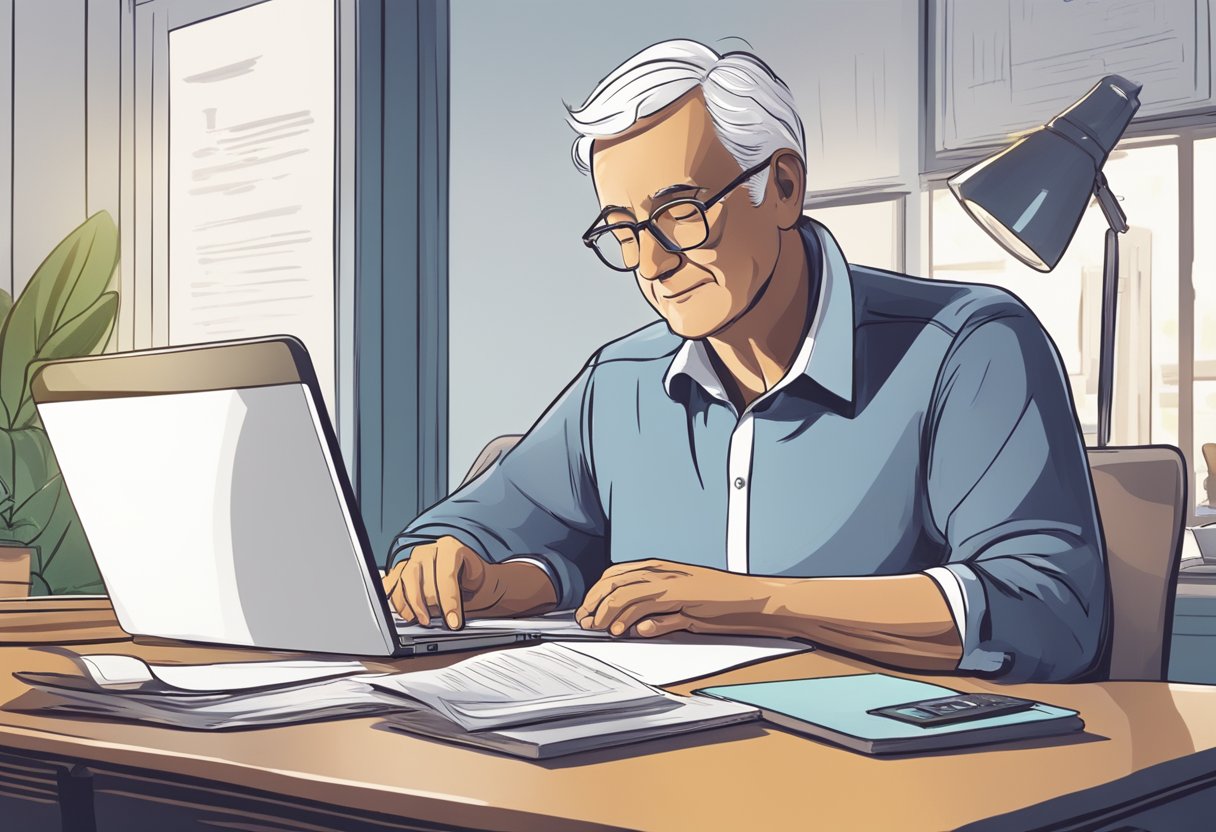 A serene retiree sits at a desk, reviewing investment options for their 401k. A laptop and financial documents are spread out in front of them, as they carefully consider their retirement plans