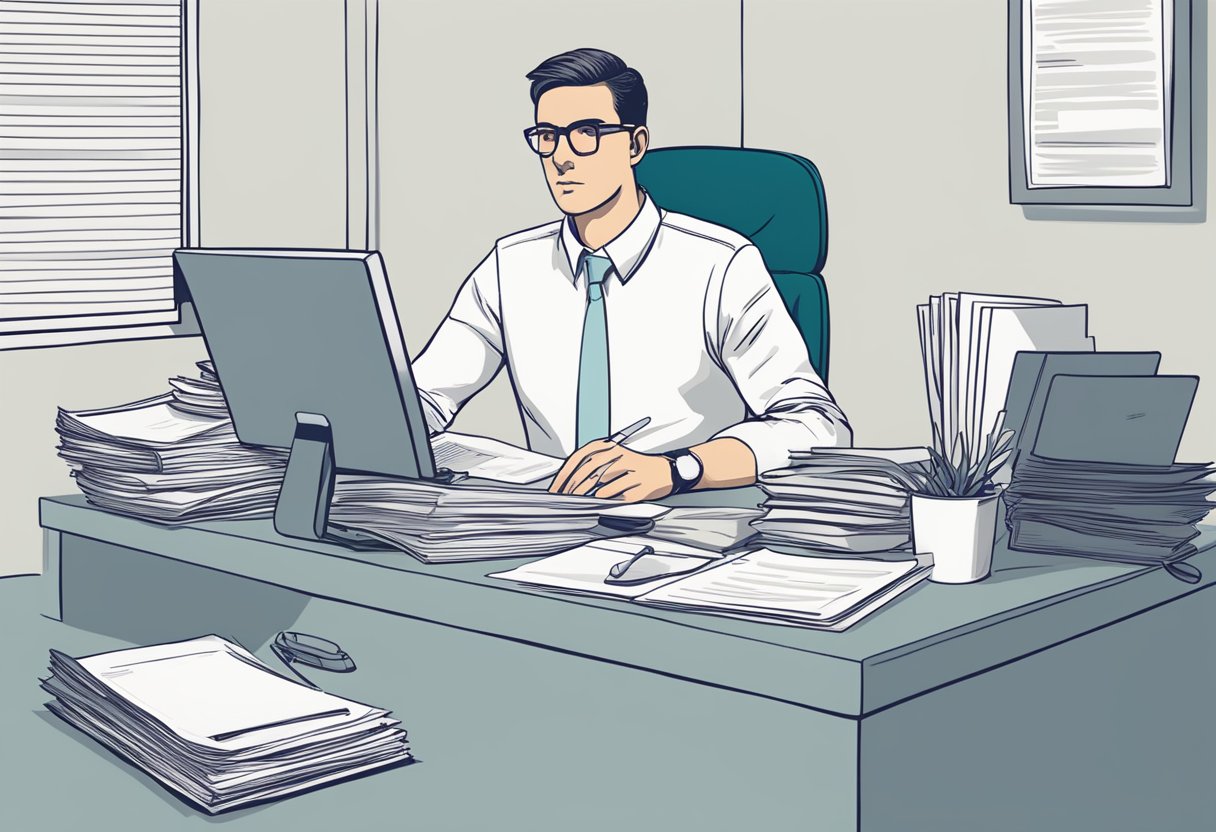 A person sits at a desk, surrounded by paperwork and a computer. They hold a document labeled "401(k) Withdrawal" with a contemplative expression