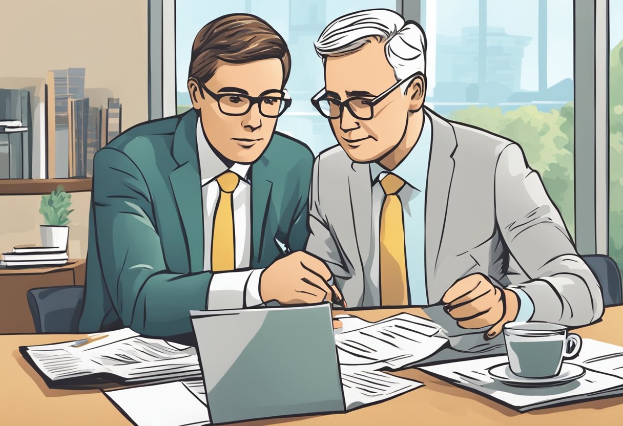 A person consults with a financial advisor about their 401k in retirement. The advisor discusses different options and strategies for managing the retirement funds