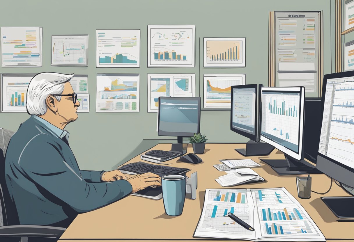 A retiree sits at a desk, pondering options for their 401k. A chart on the wall displays various investment choices. A computer screen shows financial planning tools