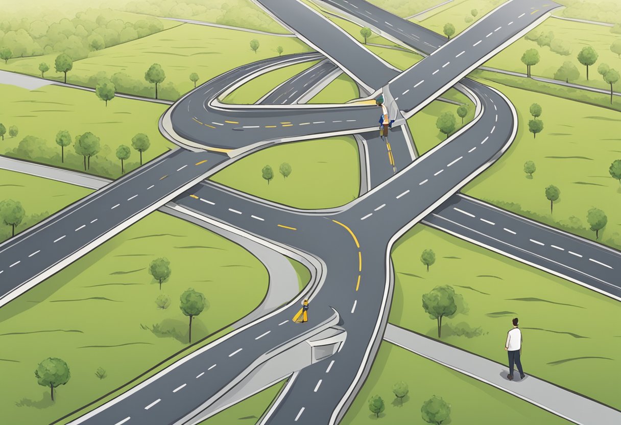 A person standing at a crossroads, with one path leading to a secure and protected 401k investment, and the other path leading to potential risks and uncertainties in retirement