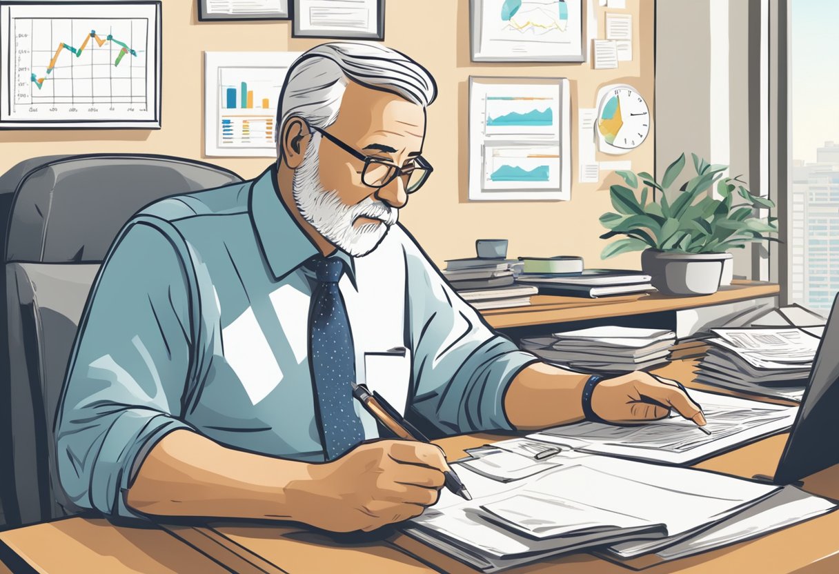 A retiree sits at a desk, reviewing options for their 401k. Charts and graphs of loan and retirement income streams are spread out in front of them, as they carefully consider their best course of action