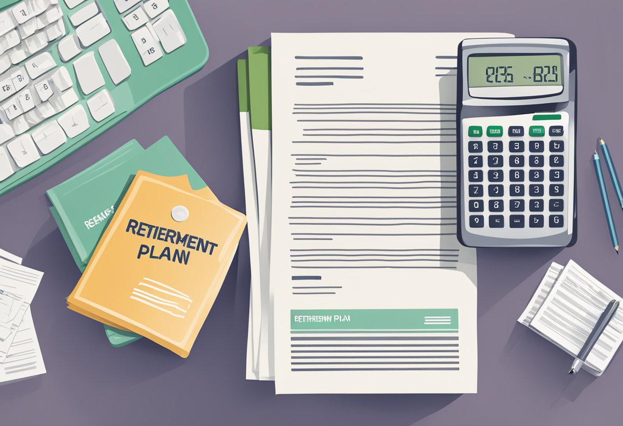 A stack of financial documents, a calculator, and a retirement savings plan booklet laid out on a desk