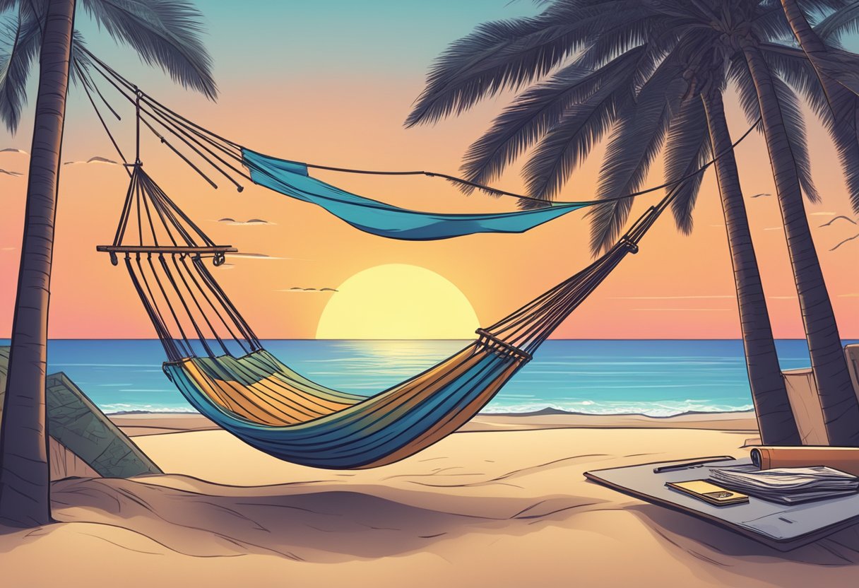 A serene beach at sunset with a hammock strung between two palm trees, surrounded by a stack of financial documents and a calculator