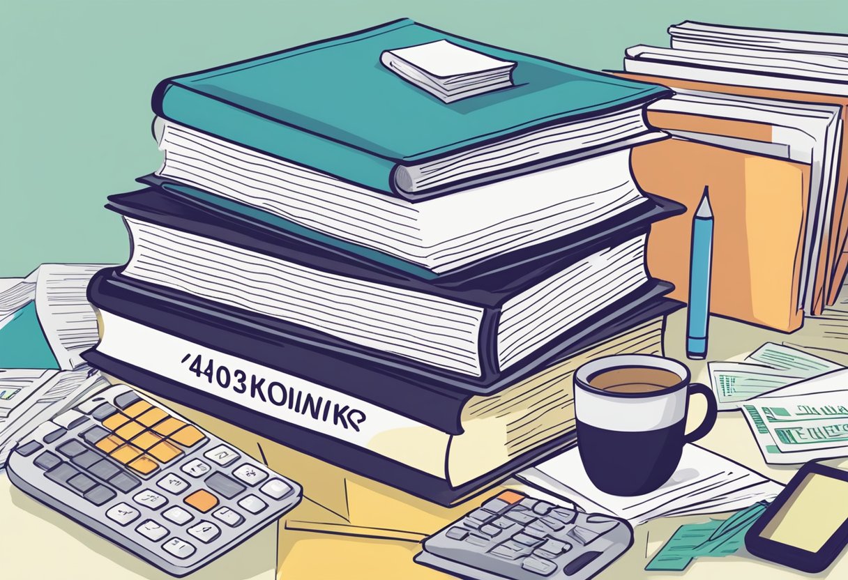 A stack of financial documents with "Rollovers" and "401(k) Transfers" highlighted, surrounded by retirement planning books and calculators