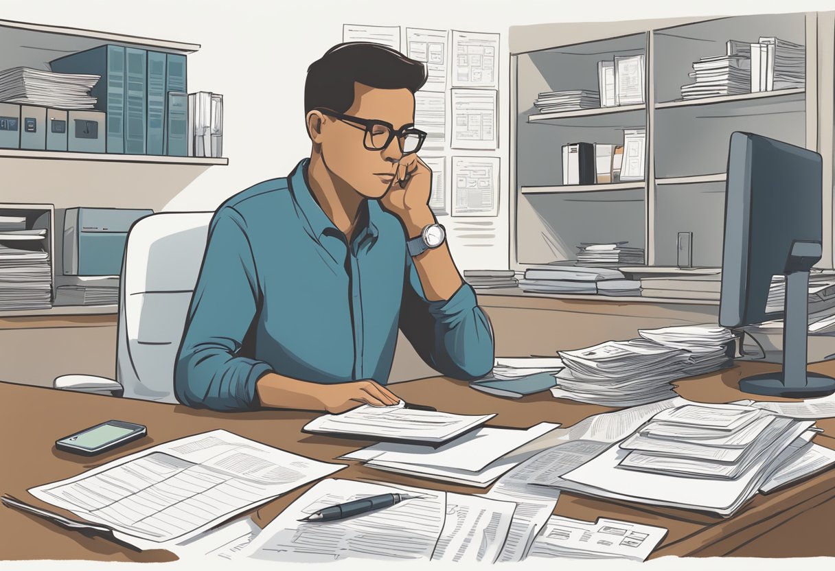 A person sitting at a desk, surrounded by paperwork and a computer, with a calculator and financial documents spread out, contemplating retirement options and 401(k) withdrawals