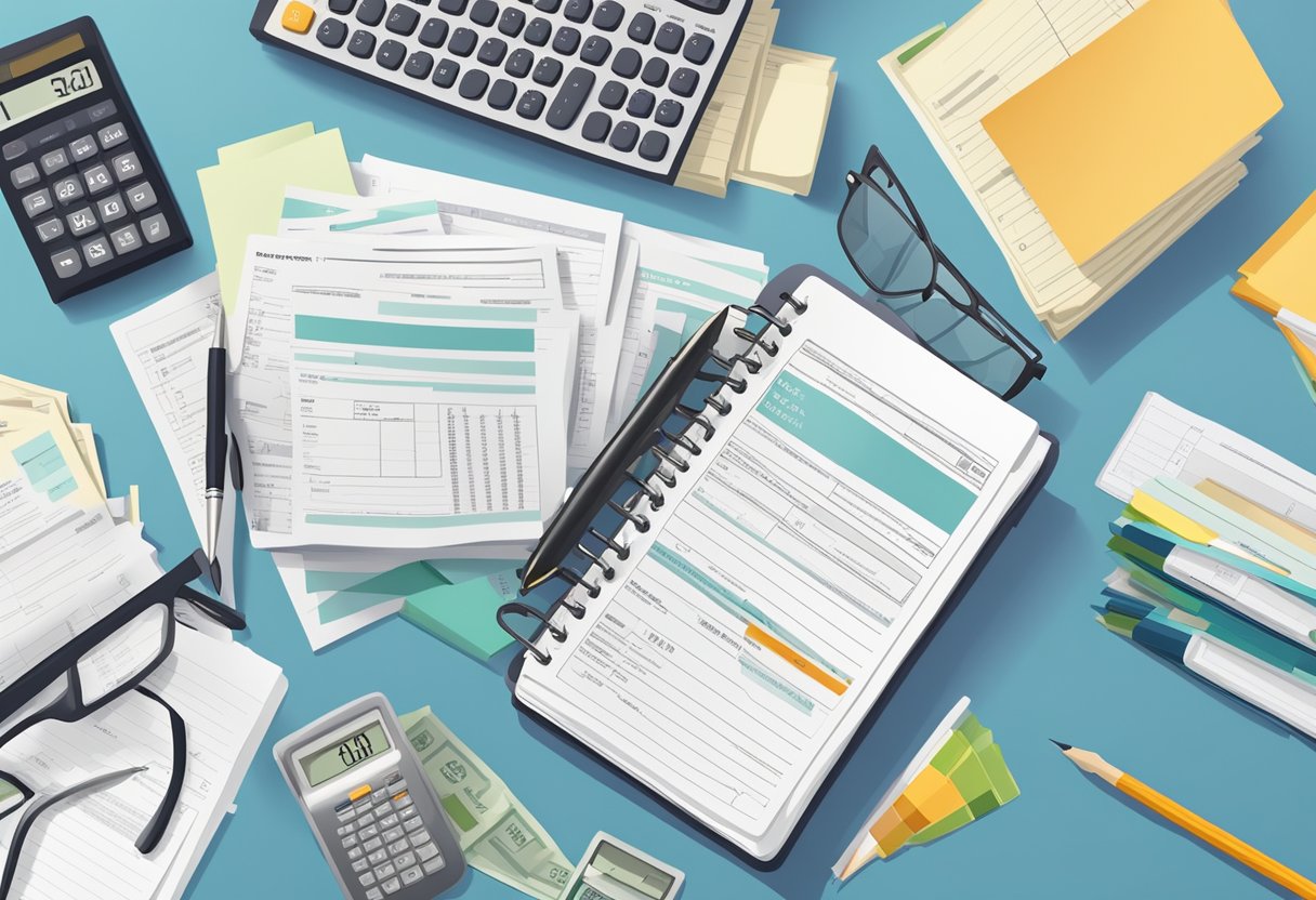 A stack of financial documents with "401(k)" prominently displayed, surrounded by calculators, tax forms, and retirement planning books