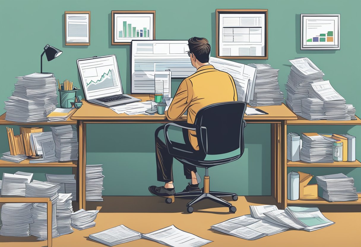 A person sitting at a desk, surrounded by financial documents and charts. They are deep in thought, contemplating their retirement options beyond a 401(k)