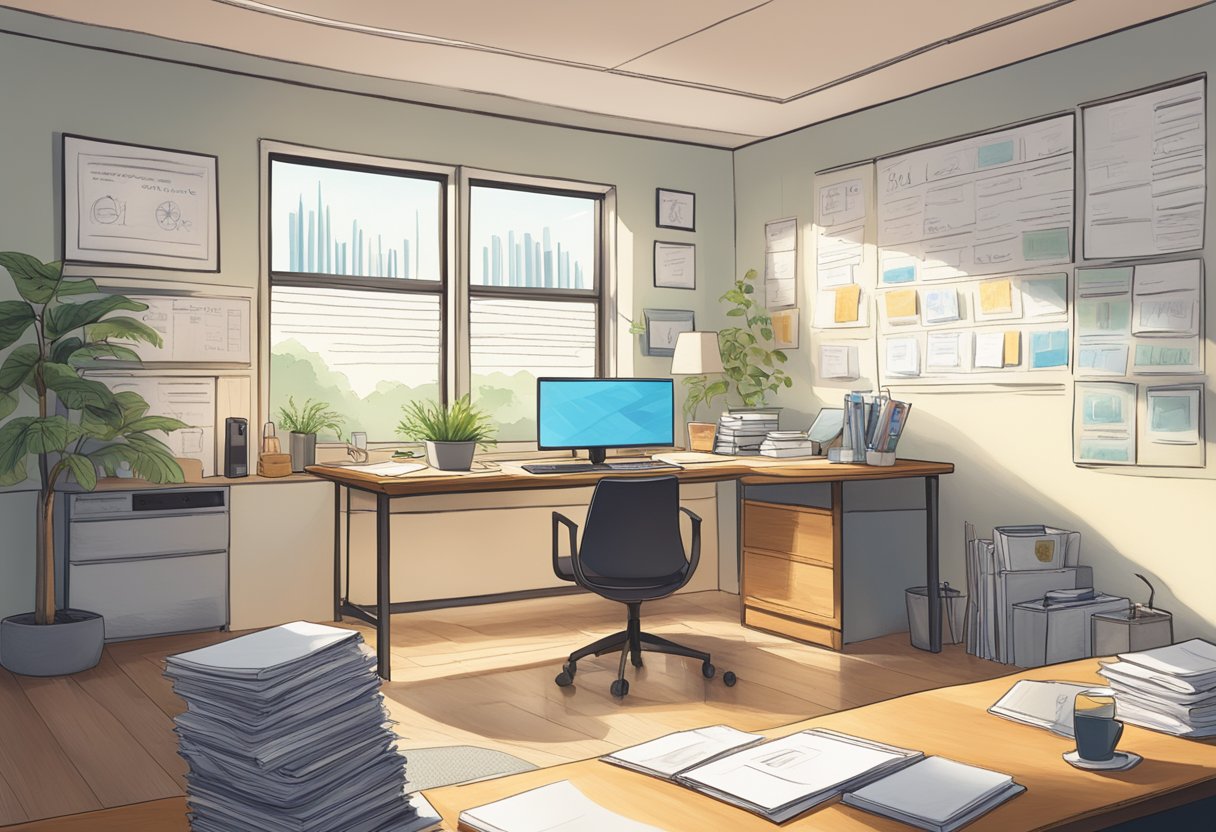 A serene, sunlit office space with a desk cluttered with financial documents, a computer screen displaying 401(k) account details, and a person's retirement goals written on a whiteboard