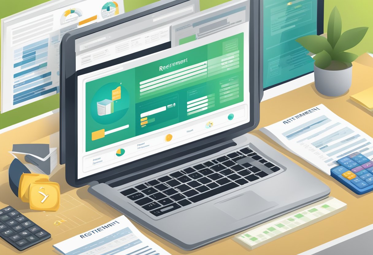 A computer screen displaying a retirement planning website with investment management tools open, surrounded by financial documents and a calculator