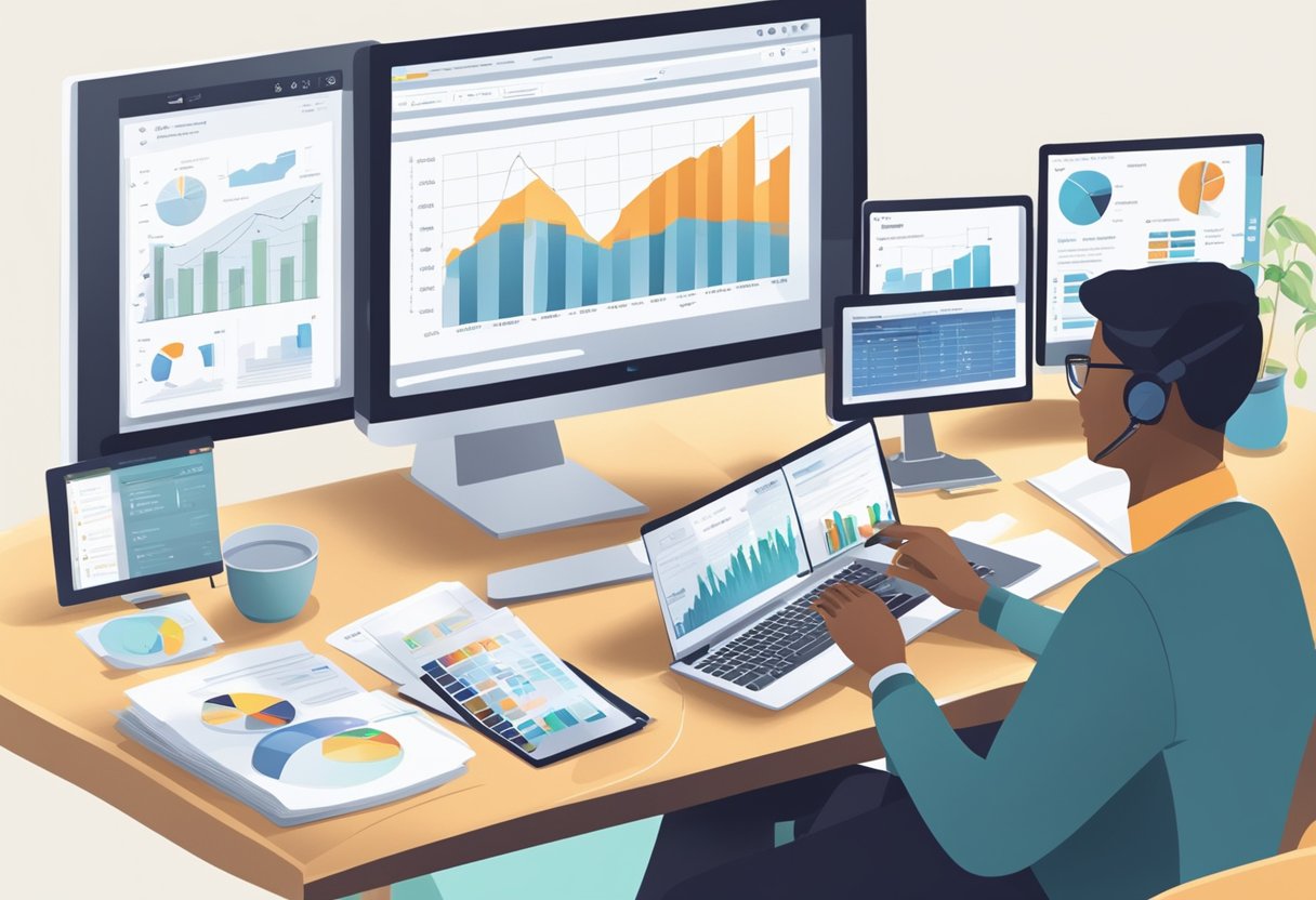 A person sitting at a computer, using free online tools for retirement planning and investment management. Graphs and charts are displayed on the screen, showing financial data and projections