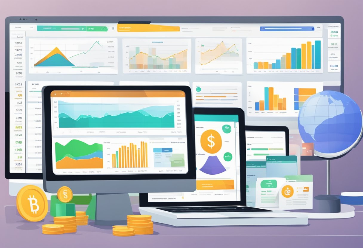 A computer screen displays retirement account balances and investment options. Online tools and charts show pension projections and investment strategies