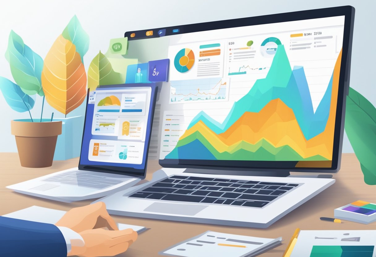 Online tools display FAQs on retirement and investment. Users interact with charts and graphs. The interface is user-friendly and accessible