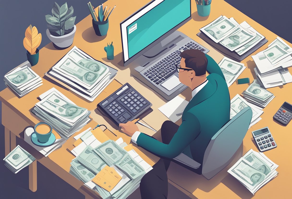 A person contemplating between saving for retirement or paying off a house, surrounded by financial documents and calculators
