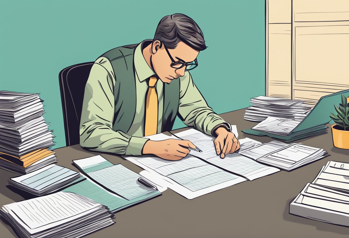 A person sits at a desk, with a calculator and papers spread out, contemplating between saving for retirement or paying off their house